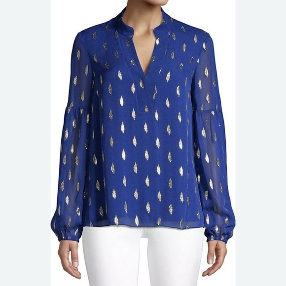 Lilly Pulitzer Tops - Lilly Pulitzer Royal Blue Blouse with Gold Leaf Pattern